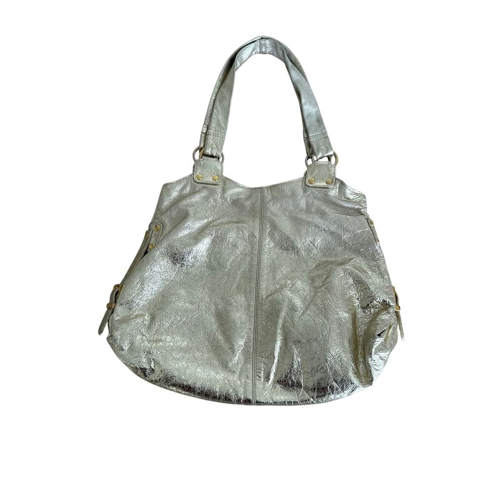 Vintage Y2K Metallic Silver Leather Hobo Shoulder Bag Gold Hardware Slouchy Tote - Picture 1 of 10